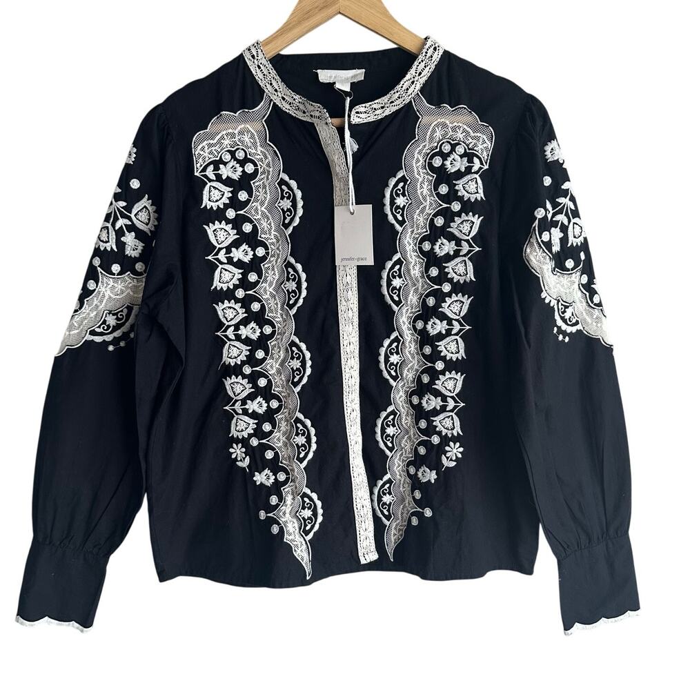 Jennifer & Grace Embroidered Button Front Black and Ivory Blouse S